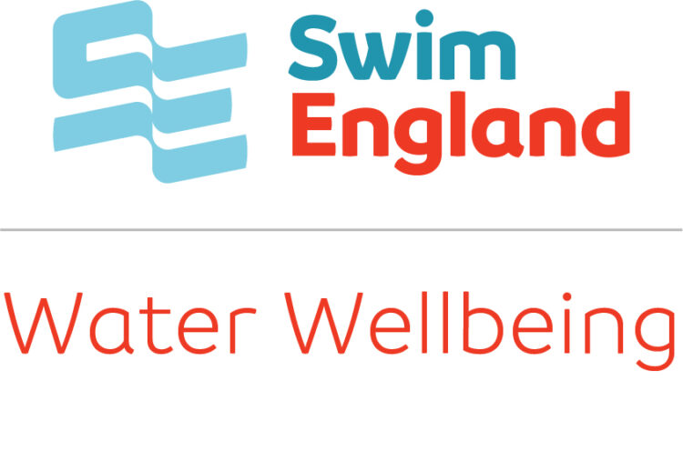 Swim England Water Wellbeing logo. Swim is written in blue. England is written under swim in red and Water Wellbeing is written underneath, on one line, in red. 