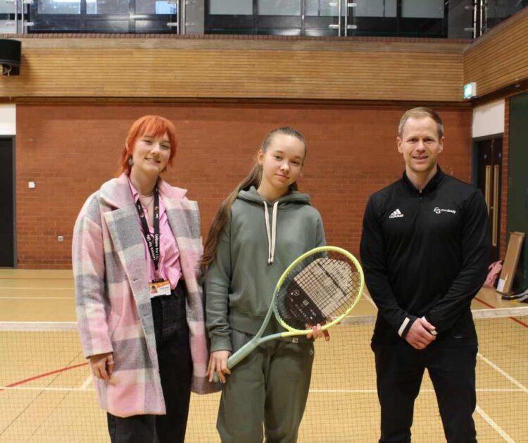 L-R, Hannah Whitley Everybody Grants & Funding Lead, Stefaniia, Wilmslow tennis enthusiast, Lee Malkin, Sports Development Manager at Everybody
